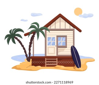 Beach house with palm trees cartoon vector illustration isolated on white background. Tropical bungalow,  hut on coast of sea for summer vacation