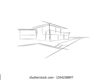 Beach house Real estate rental logo. Banner beachfront  Luxury villa. Home with swimming pool and sea view for weekend and holidays. Modern architecture Vacation building sketch, hand drawn, vector