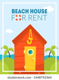 Beach House for Rent Banner Template, Tropical Bungalow, Summer Resort, Travel and Vacation Vector Illustration