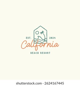 Beach House Resort Logo. Vintage Line Art Hand Drawn Coastal Design