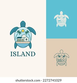 Complejo de casas de playa con elementos de tortuga y naturaleza logotipo icono vectorial