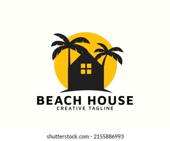 Beach house with sun and coconut tree logo design