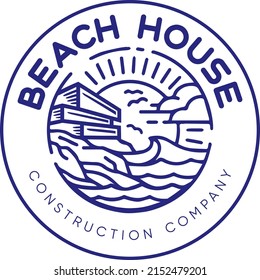 Beach House and Sun Illustration Simple Logo. Organic Life Style Branding Design Template Logo. Luxury building logos with line style.