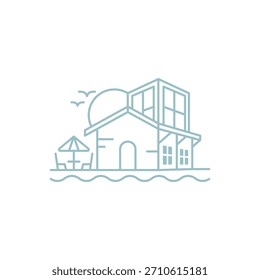 casa de praia e logotipo do sol