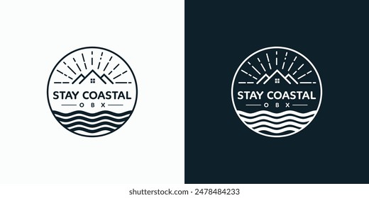 Beach house sunrise emblem vector logo design with modern, simple, clean and abstract style.