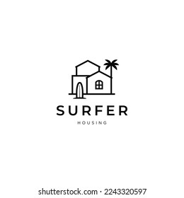 Beach house with surfboard, holiday logo design with outline minimal style vector icon symbol illustration