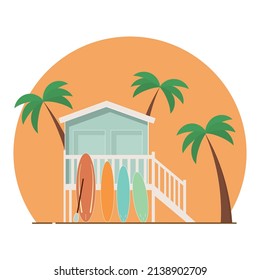 Beach house with surfboards. Bungalow for tropical hotels on island in flat design. Isolated on white background
