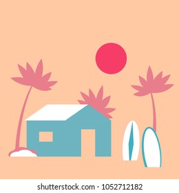 Beach house and surfboards vector illustration