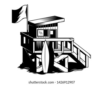 Beach house of surfing club in vintage monochrome style. Place for sea ocean summer rescuer. isolated vector illustration poster print design sticker style.