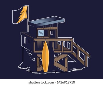 Beach house of surfing club in vintage retro style. Place for sea ocean summer rescuer. isolated vector illustration poster print design sticker style.