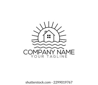 Diseño De Logotipo Único De Beach House. Ilustración de vectores de arte de la línea exterior Home Ocean Wave y Sun Outdoor Line.