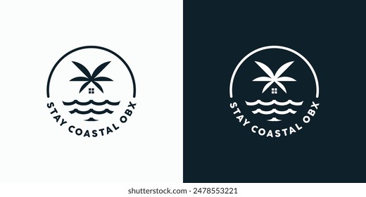 Beach house vector logo design with palm trees in modern, simple, clean and abstract style.