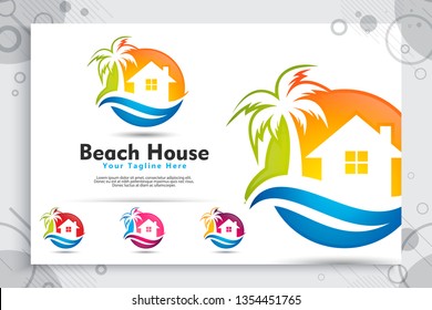 Beach House Vector Logo With Modern Concept Design, Illustration Of Palm Tree And House As A Symbol Of House Beach For Traveler Homestay And Lodgment