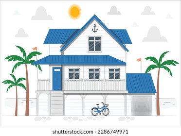 Beach houses collection. Cartoon straw huts, bungalow for tropical hotels on island in flat design. A Beautiful Florida House Near the Beach for Rent or Sale. Make a Great Rental Property