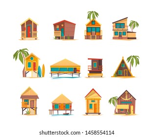 Beach houses. Funny buildings for summer vacation tropical bungalow cabins and constructions vector. Summer vacation bungalow, tourism building on sea coast illustration