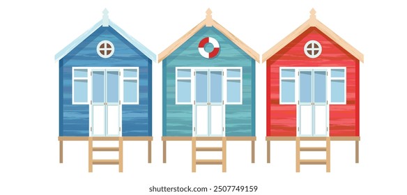 Beach houses on the coast. Coastal houses of various colors on the seashore.  Vintage wooden bungalows, faded in the sun. Illustrated vector clipart.