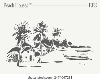 Beach houses on a coastline, bungalows with palm trees. Hand drawn vector illustration, sketch.