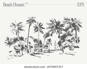 Beach houses on a coastline, bungalows with palm trees. Hand drawn vector illustration, sketch.