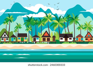 Beach houses on a paradise beach. Bungalow on the shore of a sandy beach against the backdrop of palm trees and mountains. Tropical island. Oceanfront hotels. Sea holiday. Summer holidays. Vacation.