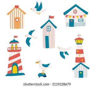 Beach houses and seagulls. Summer time. Vacation homes, lighthouses. Vector illustration for use in prints, posters, flyers and invitations