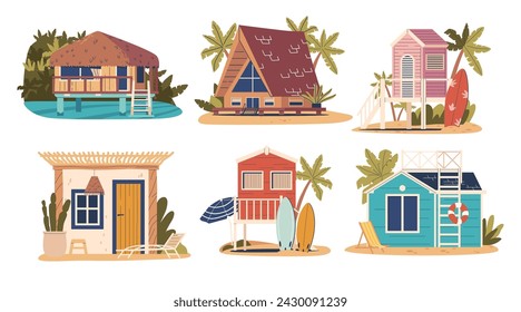 Beach Houses Set. Charming Coastal Residences Designed For Tranquil Seaside Living. With Panoramic Views, On Piles