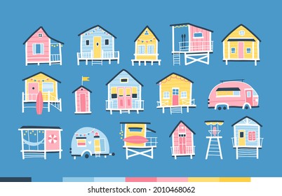 Casas de playa y remolques. Pequeña guardería de dibujos animados de verano con un sencillo estilo escandinavo infantil dibujado a mano. Pequeños edificios tropicales en una colorida paleta pastel. Ideal para imprimir