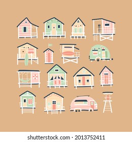 Beach houses and trailers. Cute summer cartoon set in simple hand drawn childish scandinavian vintage style. Tiny tropical buildings in a pastel palette. Ideal for printing