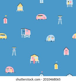 Beach houses and trailers seamless pattern. Cute summer cartoon illustrations in simple hand drawn childish scandinavian style. Tiny tropical buildings, colorful pastel palette. Ideal for printing