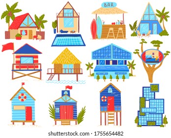Beach houses vector illustration set. Cartoon flat straw huts on beachline, bungalow house with palm trees or exotic households villa hotels in tropical island, building icons set isolated on white