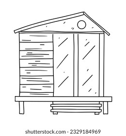 Beach hut or bungalow. Hand drawn doodle style. Vector illustration isolated on white. Coloring page.