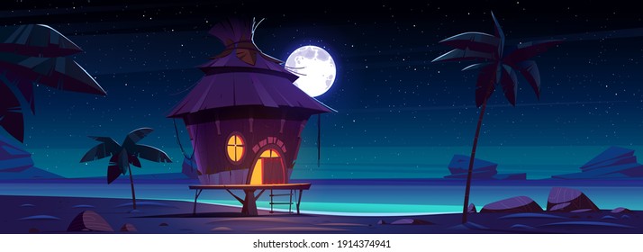 Beach hut or bungalow at night on tropical island, summer shack with glow window under full moon starry sky at ocean coastline, wooden house on piles with terrace near sea, Cartoon vector illustration