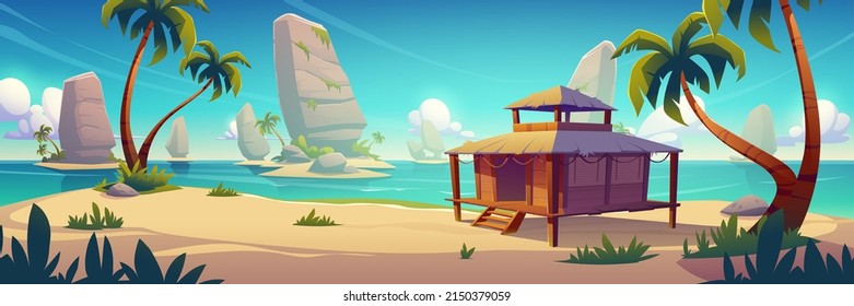 Beach hut or bungalow on tropical beach. Island resort with shack, wooden house on piles, palm trees and rocks. Cartoon ocean landscape, 2d background, cottage with thatch roof Vector illustration