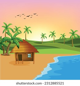 Beach hut or bungalow on tropical beach. Island resort with shack, wooden house on piles, palm trees and grass hill. Cartoon ocean landscape, 2d background, cottage with thatch roof Vector