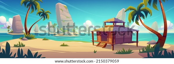 Beach hut or bungalow on tropical beach.\
Island resort with shack, wooden house on piles, palm trees and\
rocks. Cartoon ocean landscape, 2d background, cottage with thatch\
roof Vector illustration