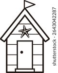 Beach Hut Cabana black thick outline vector design isolated.
Beach wooden house black line icon.
Transparent background.