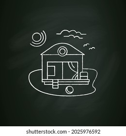 Beach hut chalk icon. Modern comfortable hotel room on beach. Perfect relax place. Seascape. Rest concept. Isolated vector illustration on chalkboard