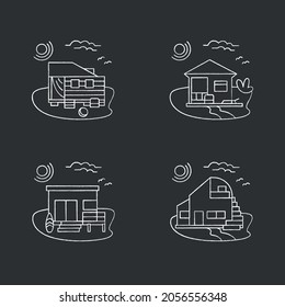 Beach hut chalk icons set. Modern facade comfortable houses on beach. Perfect relax place. Seascape. Rest concept.Isolated vector illustrations on chalkboard