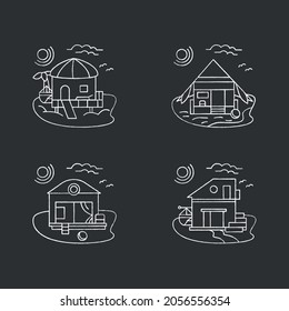 Beach hut chalk icons set. Modern facade comfortable houses on beach. Perfect relax place. Seascape. Rest concept.Isolated vector illustrations on chalkboard