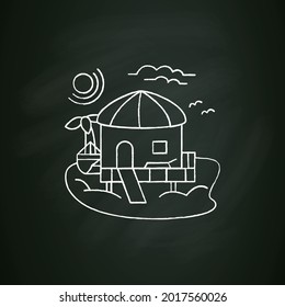 Beach hut chalk icon.Tropical comfortable bungalow on beach. Round roof. Palms, seascape. Relaxing place. Rest concept. Isolated vector illustration on chalkboard