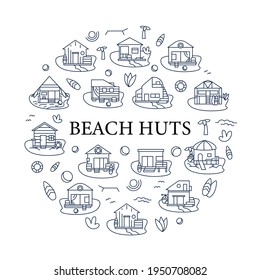 Beach hut circle poster. Modern facade comfortable houses on beach. Perfect relax place. Seascape. Rest concept. Isolated vector template