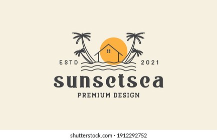 beach hut with coconut tree sunset logo vector icon symbol design graphic illustration