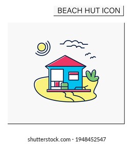 Beach hut color icon. Modern facade comfortable house on beach. Perfect relax place. Seascape. Rest concept. Isolated vector illustration