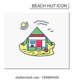 Beach hut color icon. Wooden comfortable house on beach. Triangle roof facade. Seascape. Rest concept. Isolated vector illustration
