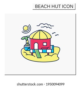 Beach hut color icon.Tropical comfortable bungalow on beach. Round roof. Palms, seascape. Relaxing place. Rest concept. Isolated vector illustration