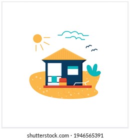 Beach hut flat icon. Modern facade comfortable house on beach. Perfect relax place. Seascape. Rest concept. Vector illustration