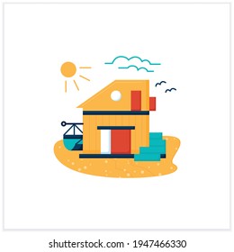 Beach hut flat icon. Modern facade comfortable house on beach. Perfect relax place. Seascape. Rest concept. Vector illustration