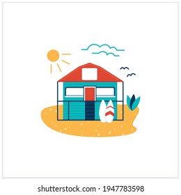 Beach hut flat icon. Wooden comfortable house on beach. Surfboards. Relaxing place. Rest concept. Vector illustration