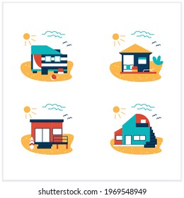 Beach hut flat icons set. Modern facade comfortable houses on beach. Perfect relax place. Seascape. Rest concept. Vector illustrations