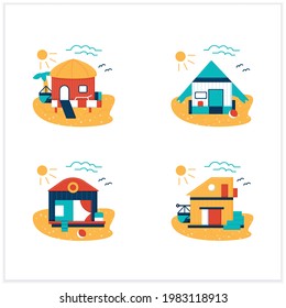 Beach hut flat icons set. Modern facade comfortable houses on beach. Perfect relax place. Seascape. Rest concept. Vector illustrations