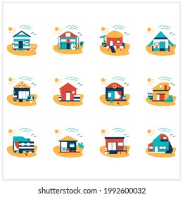 Beach hut flat icons set. Modern facade comfortable houses on beach. Perfect relax place. Seascape. Rest concept. Vector illustrations